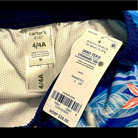 ✨HP✨ NWT “CARTERS” BOYS UPF 50+ BLUE/CORAL SWIM TRUNKS W/TIE WAIST, SIZE 4 - Picture 5 of 6